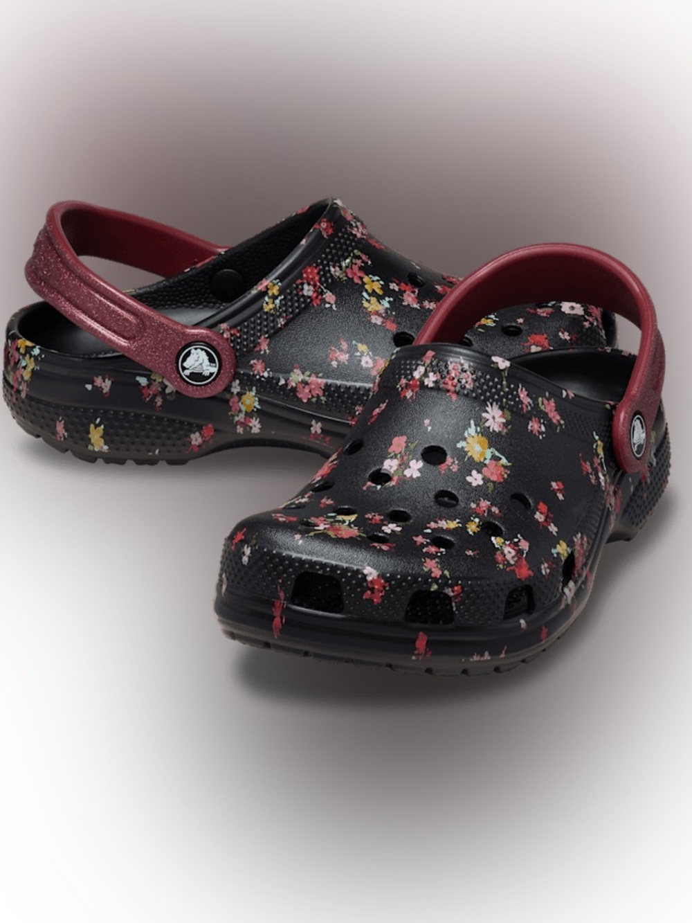 Girls CROCS Classic Clog with Floral Print - Black & Maroons